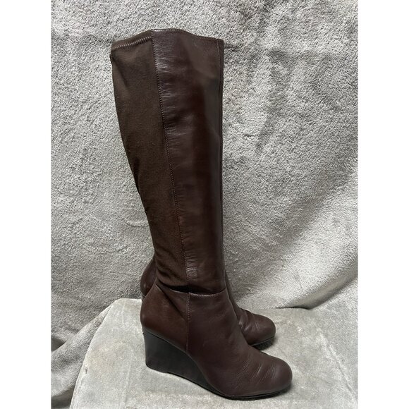 Michael Kors Women’s 9 Stretch Knee High Boot Tall Brown Leather Wedge Heel MK - Picture 1 of 11